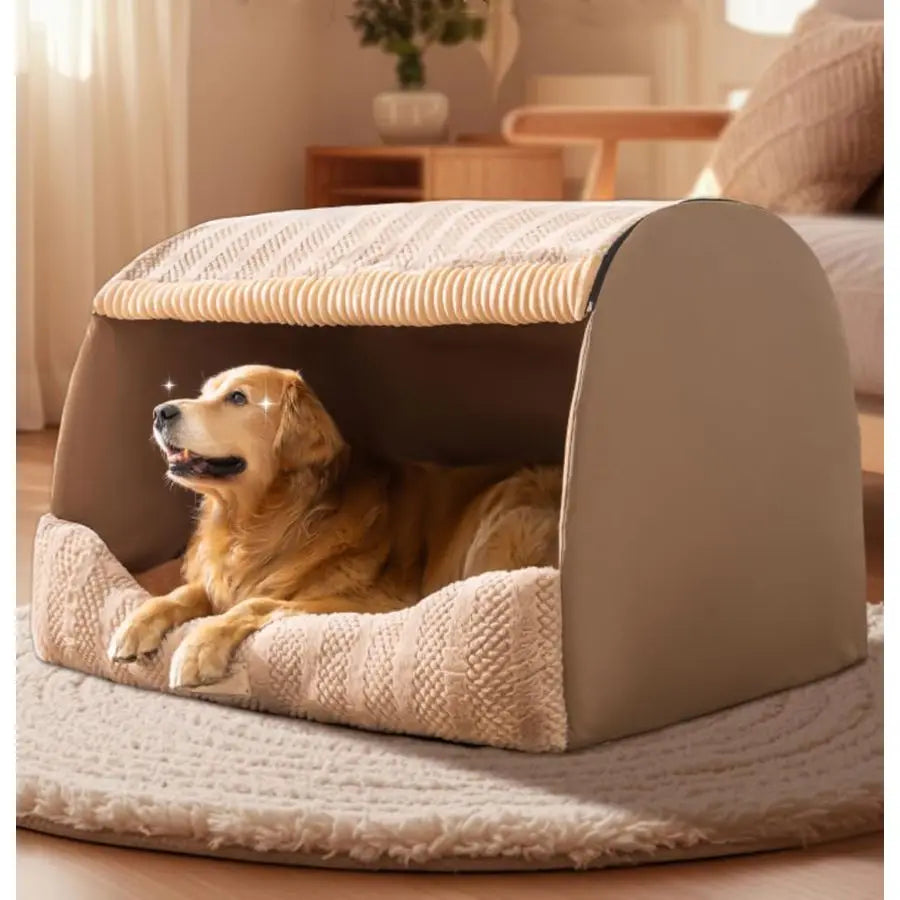 Dog House Indoor, Foldable Pet House Bed with Removable Plush Cushion,