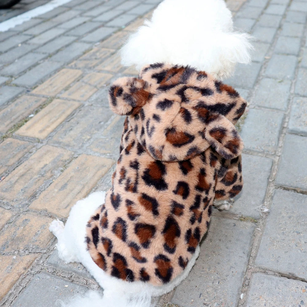 Winter Pet Dog Clothes Warm Fleece Dog Hoodie Leopard Dog Coat
