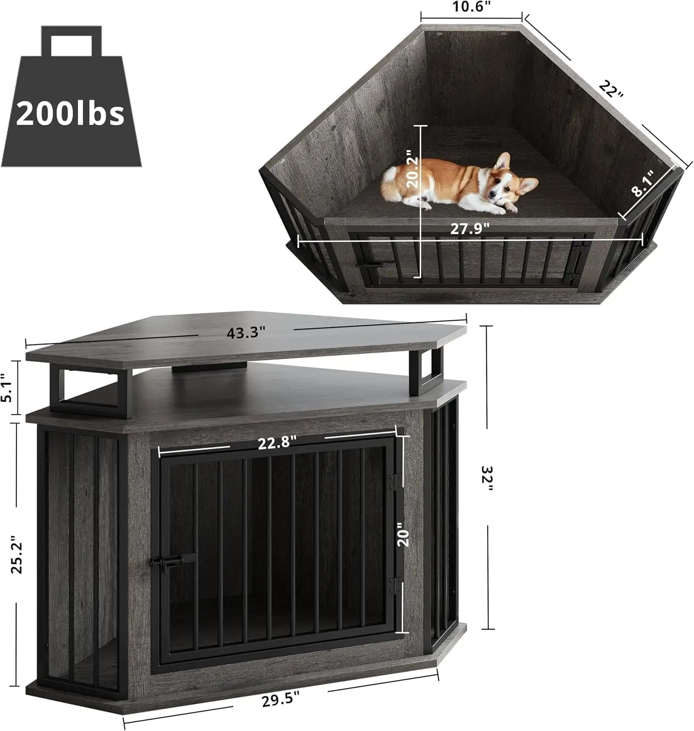 44" Corner Dog Crate with 2-Tier Shelves, Wooden Kennel Furniture for TV Stand,