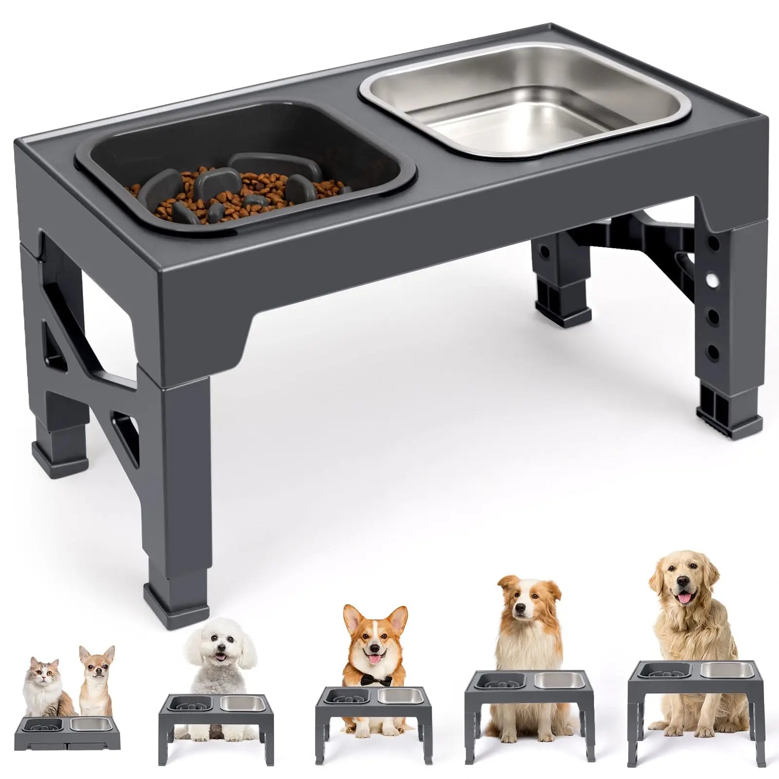 2-in-1 Elevated Slow Feeder Dog Bowls, Non-Slip Stainless Steel