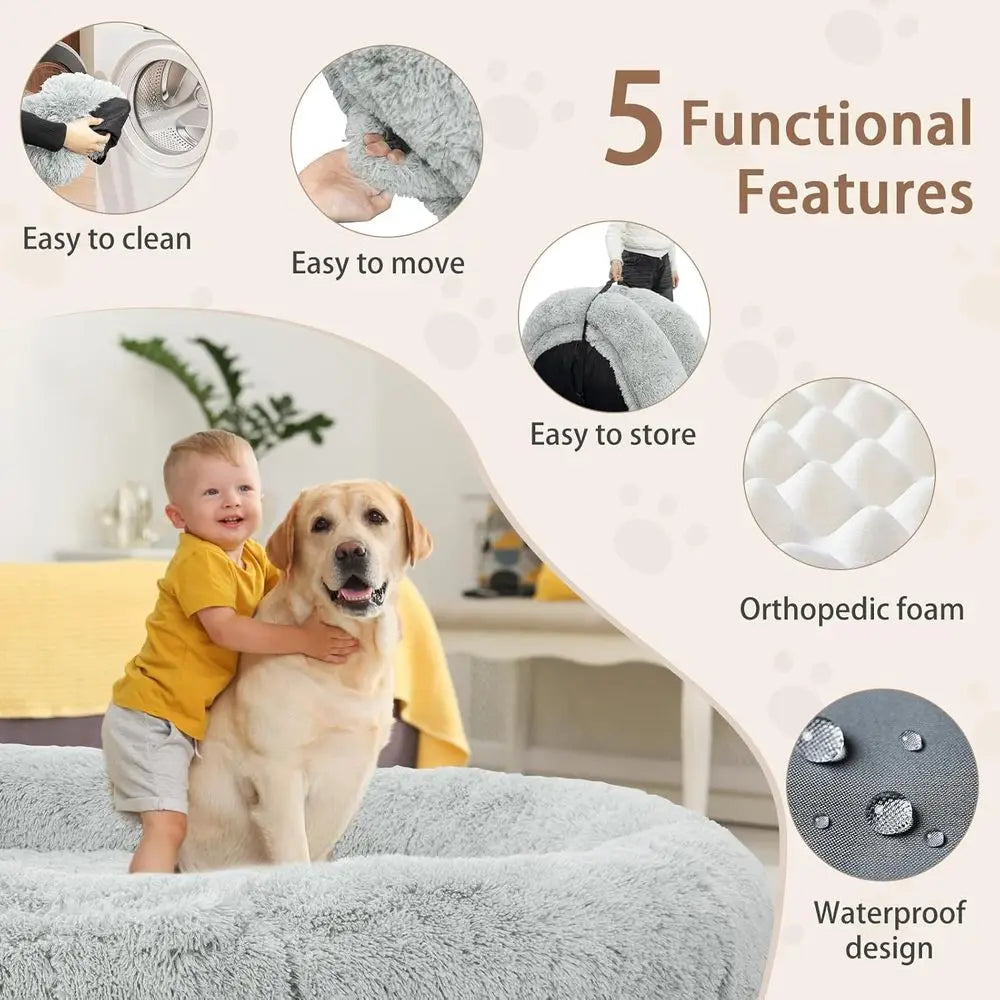 Oversized 71x45x12 Grey Memory Foam Dog Bed with Pillow, Blanket & Strap