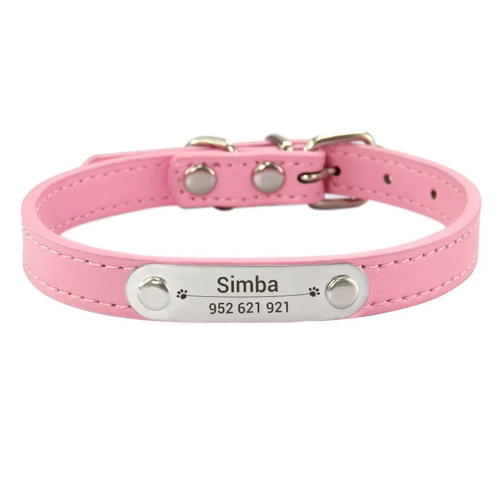 Personalized Dog Collar Name Carved 16 Colors Solid PU Leather Collar