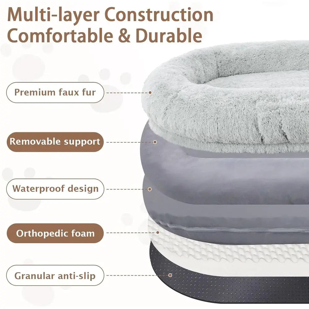 Oversized 71x45x12 Grey Memory Foam Dog Bed with Pillow, Blanket & Strap