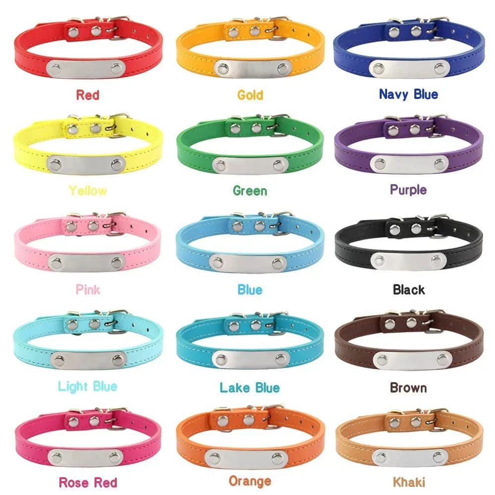 Personalized Dog Collar Name Carved 16 Colors Solid PU Leather Collar