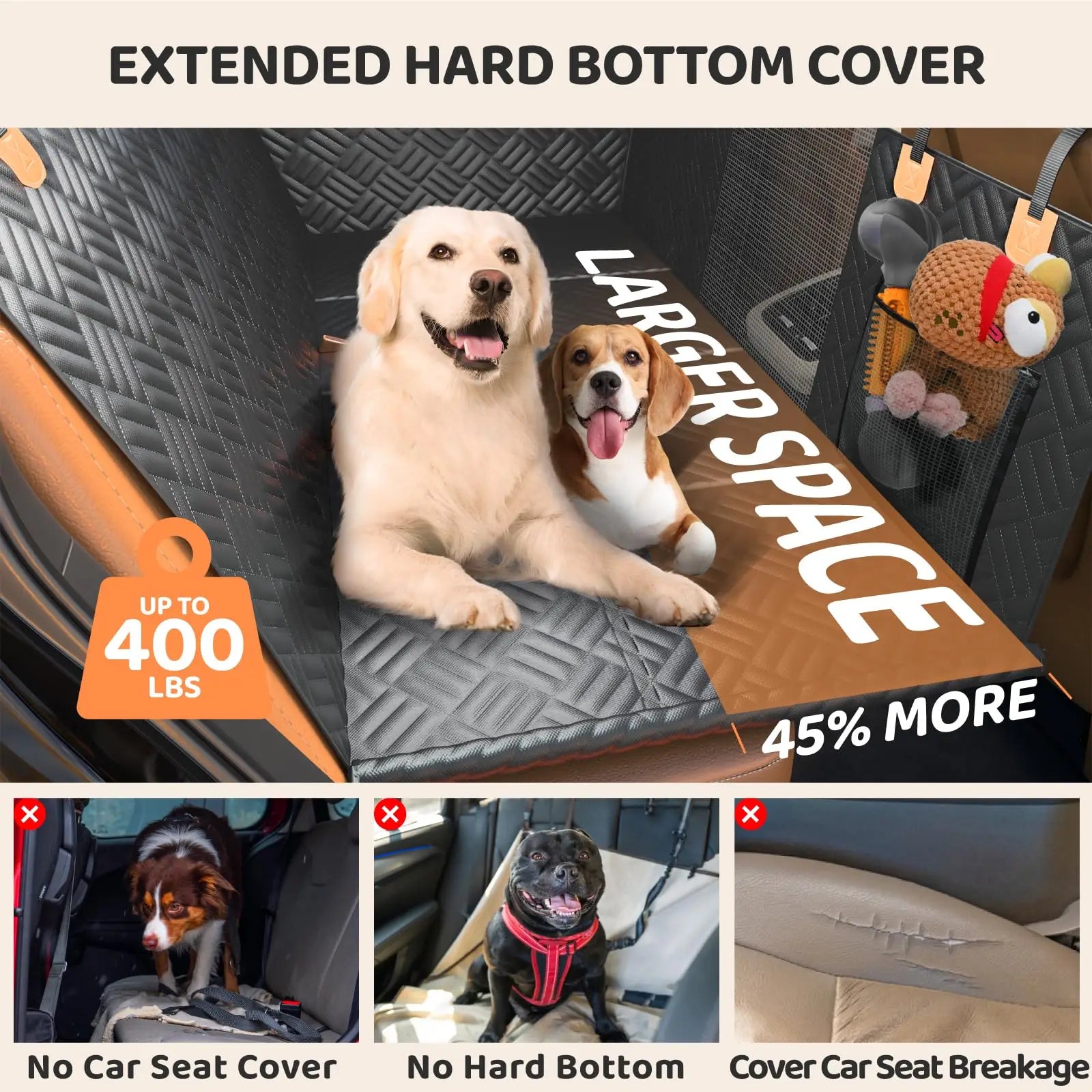 Car Rear Seat Dog Seat Cover, Hard Bottom Rear Seat Extender, Load-Bearing 400 Pounds,
