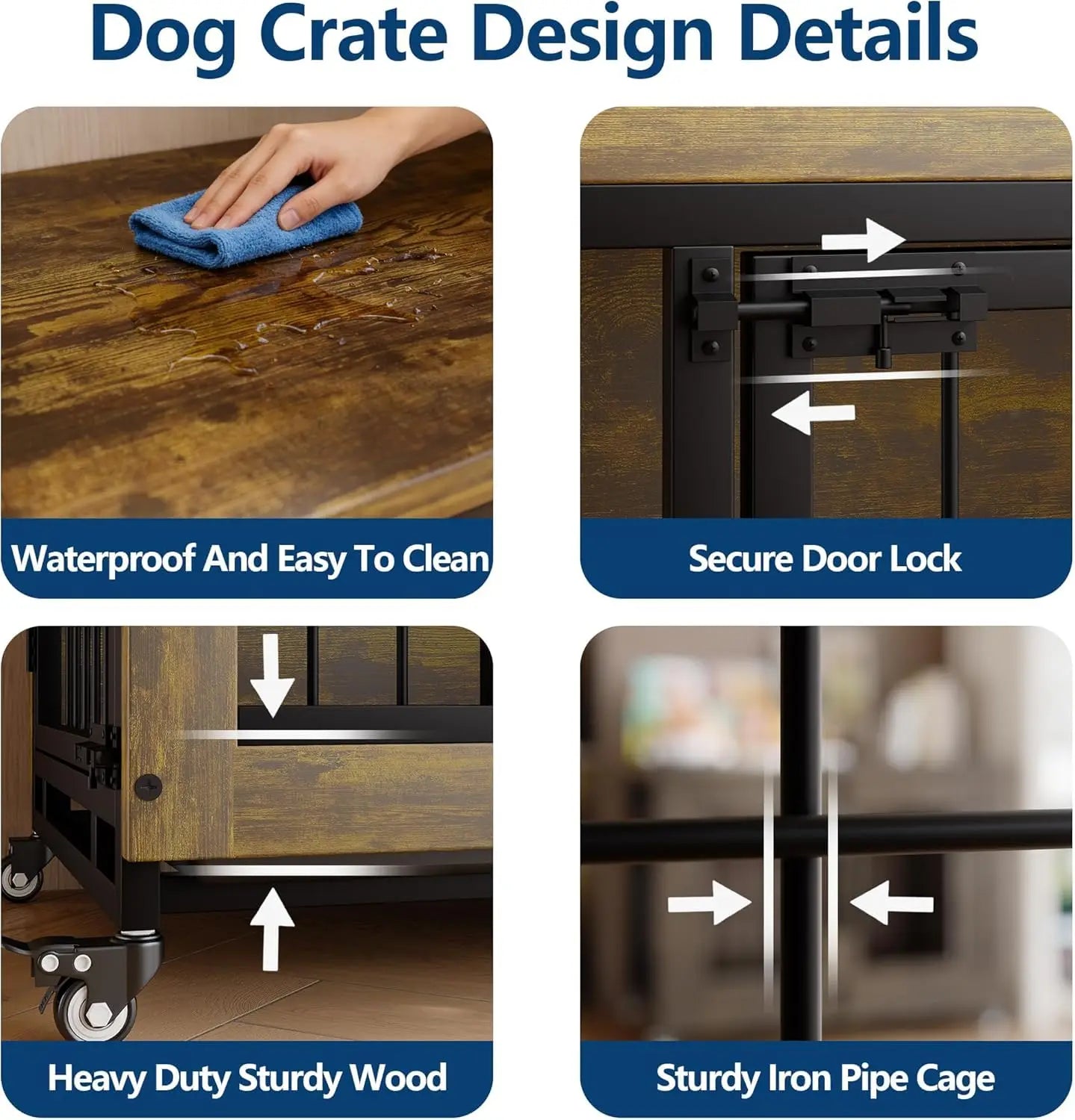 Wooden Dog Crate Furniture with 3 Doors & Wheels Heavy Duty