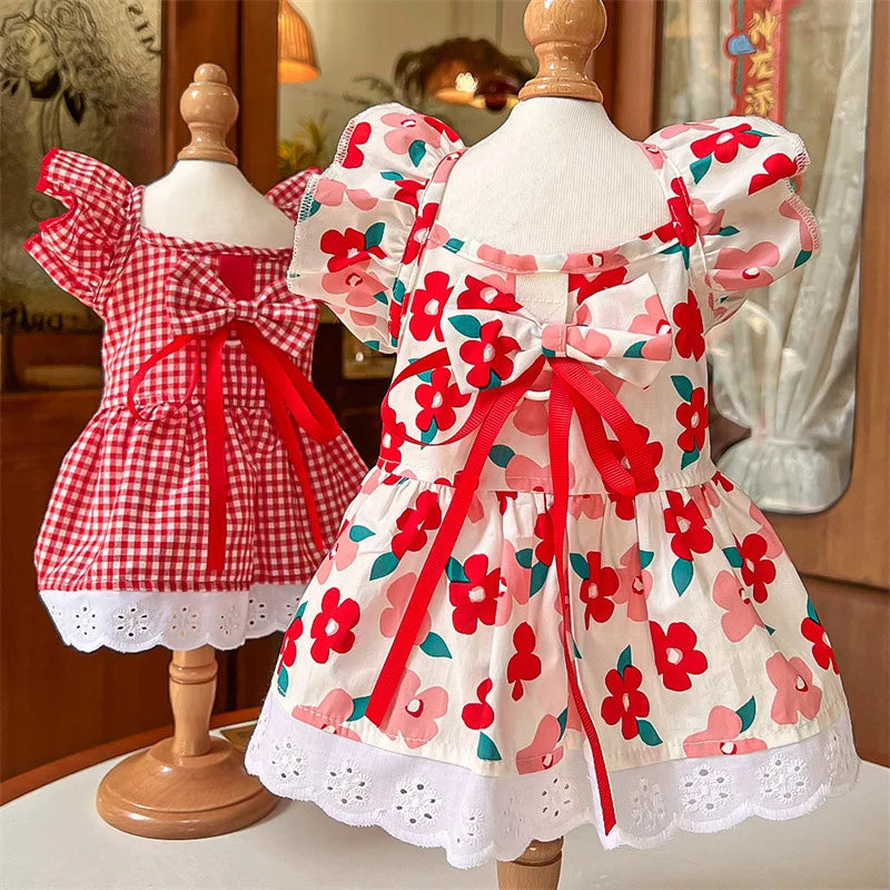 Summer Pet Dress Floral Pattern Plaid Skirts