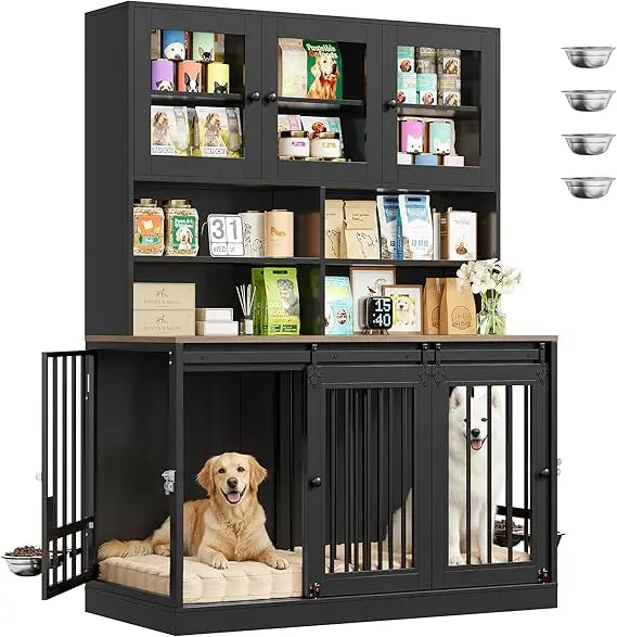 Extra Large Double Dog Crate with Storage Hutch and Feeding Bowls,