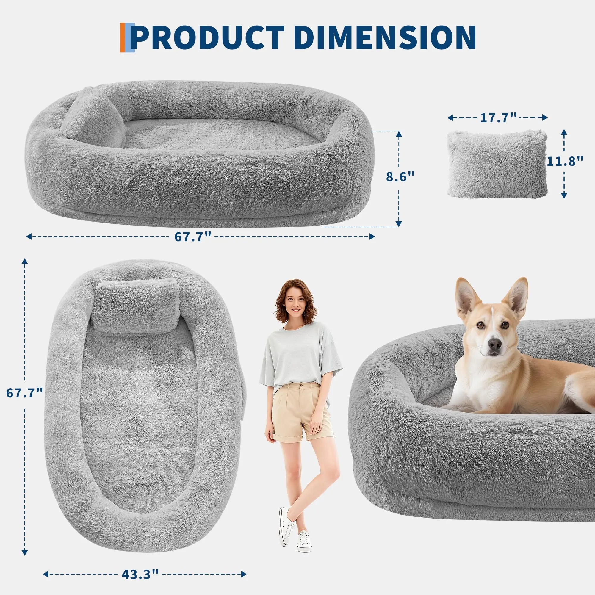 Oversized Human Dog Bed Orthopedic Faux Fur Pet Bed With Pillow