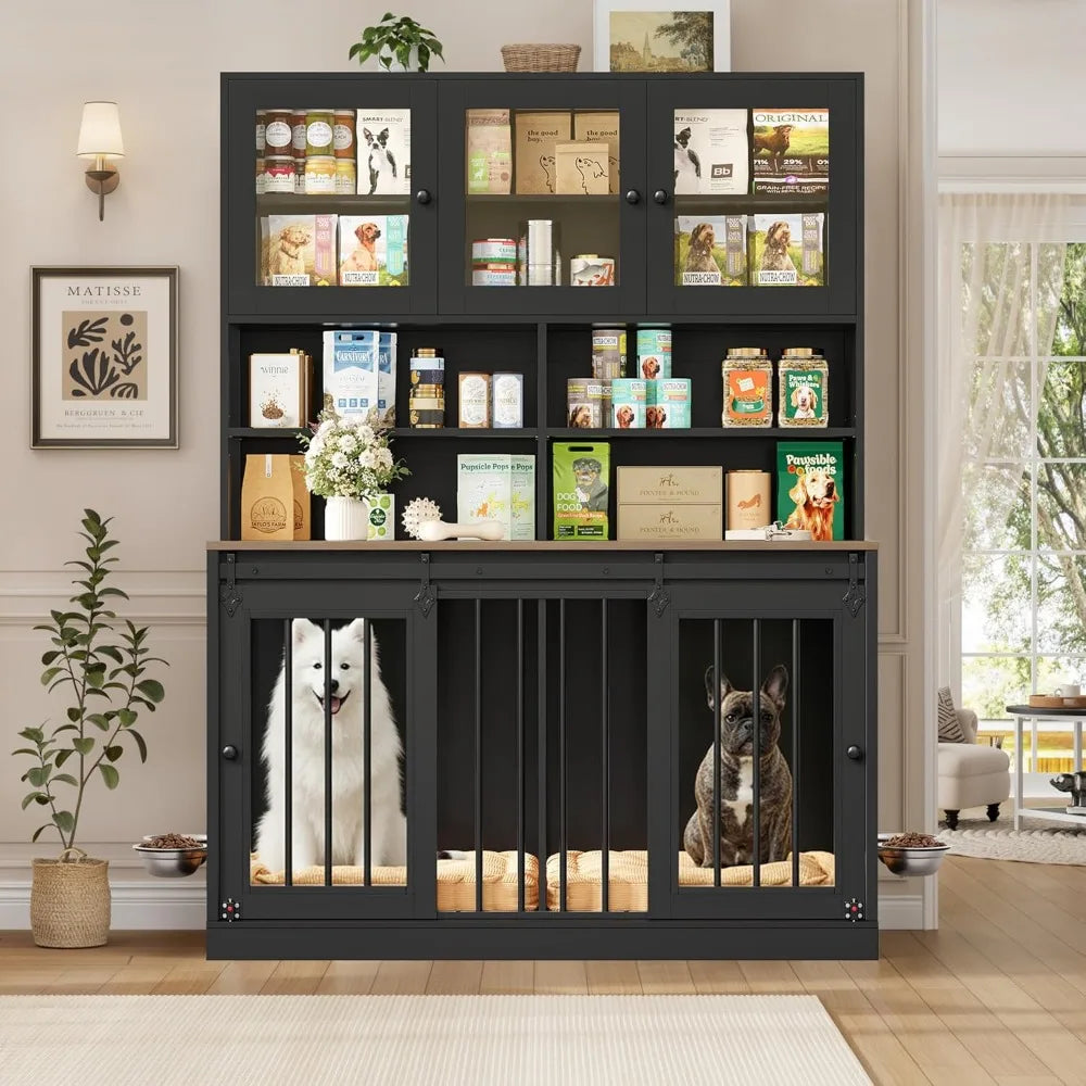 Extra Large Double Dog Crate with Storage Hutch and Feeding Bowls,
