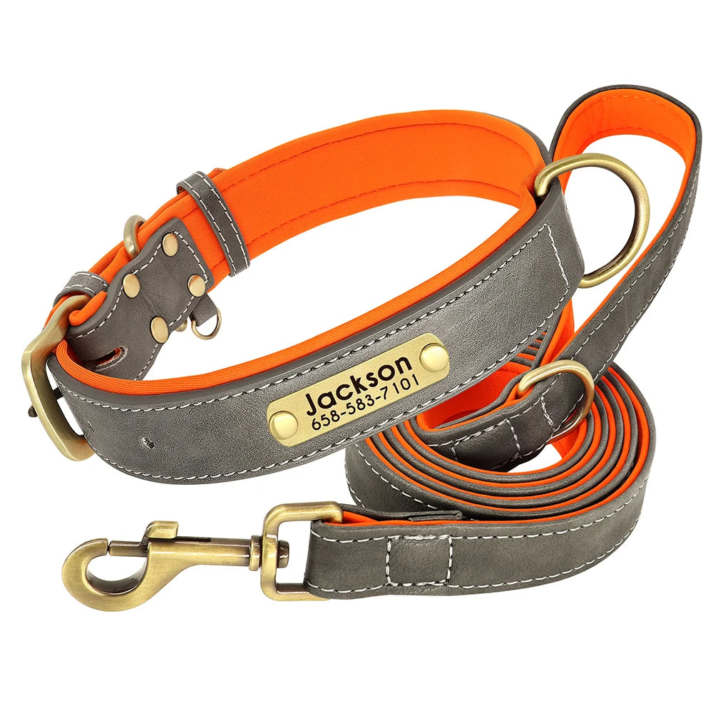 Leather Dog Collar Leash And Collar With Free Engraved Nameplate