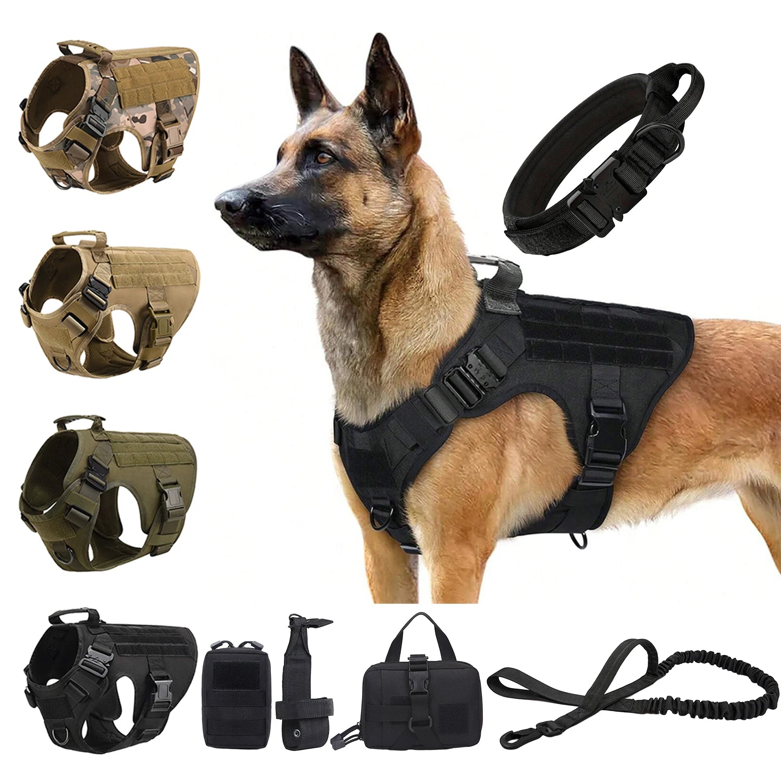 Tactical Dog Harness Collar Leash Pouches For Medium Large Dogs