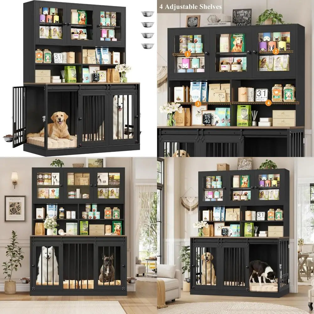 Extra Large Double Dog Crate with Storage Hutch and Feeding Bowls,