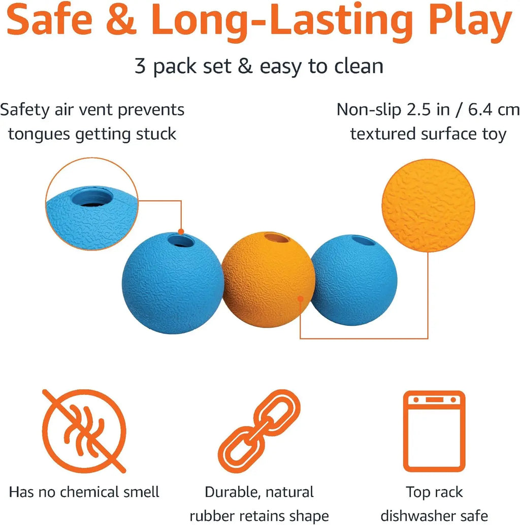 Interactive Dog Toys, Rubber Fetch Balls, Pack of 3, 2.5 Inch, Blue & Orange
