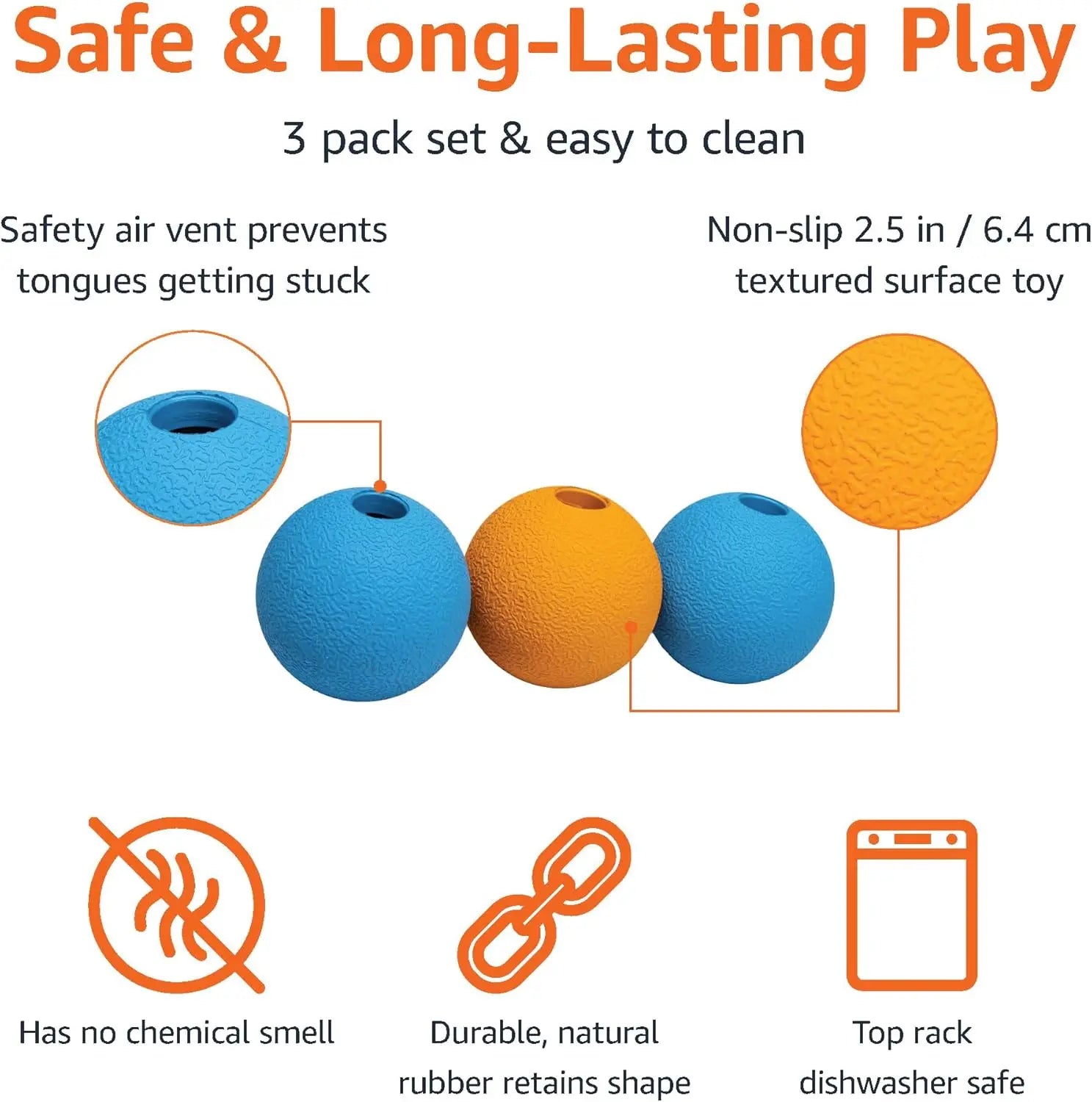 Interactive Dog Toys, Rubber Fetch Balls, Pack of 3, 2.5 Inch, Blue & Orange