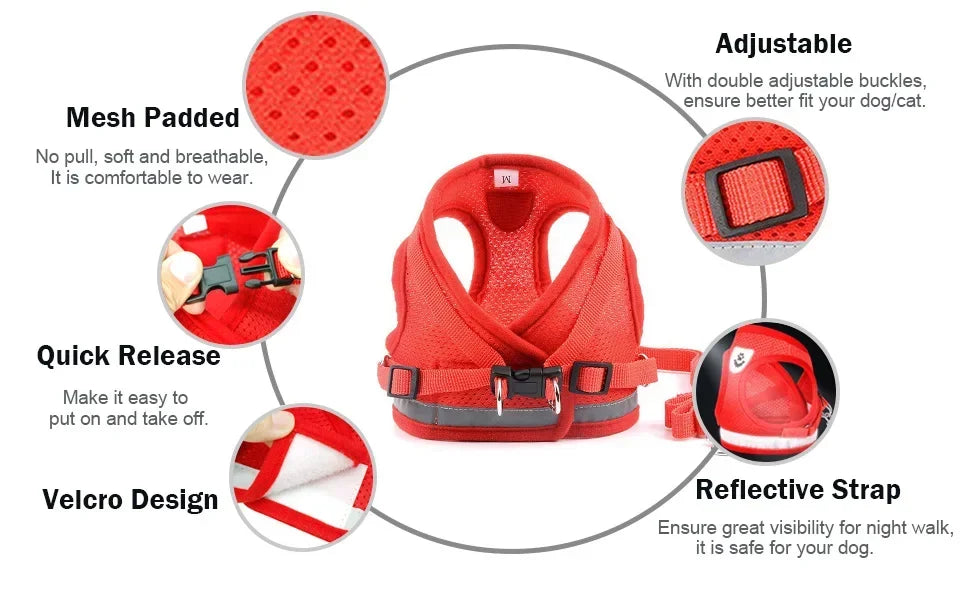 Reflective Breathable Small Dog Harness and Leash