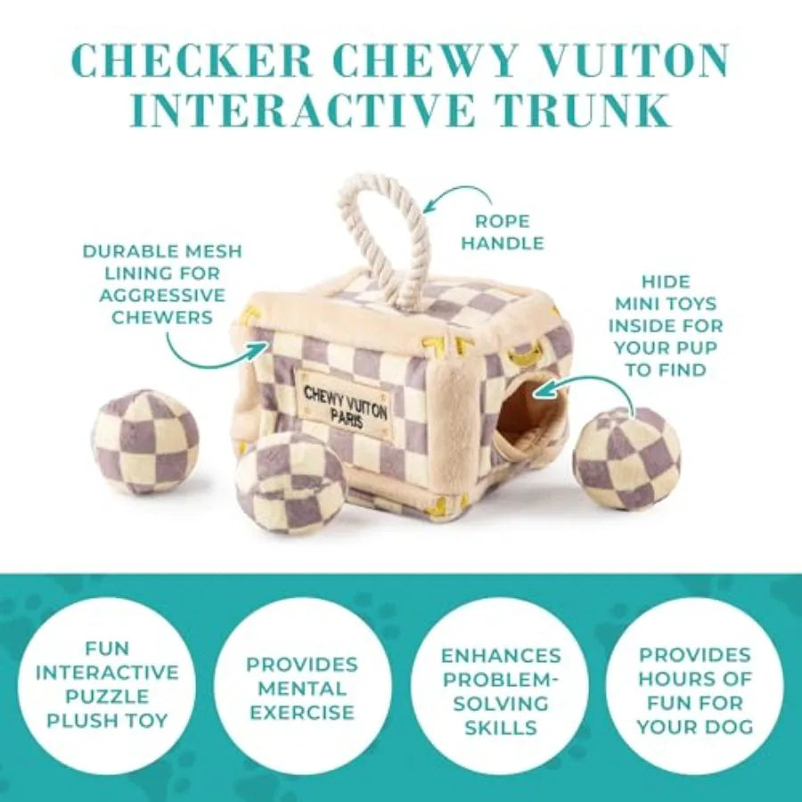 Checker Chewy Vuiton Trunk Activity House Plush Designer Dog Toys