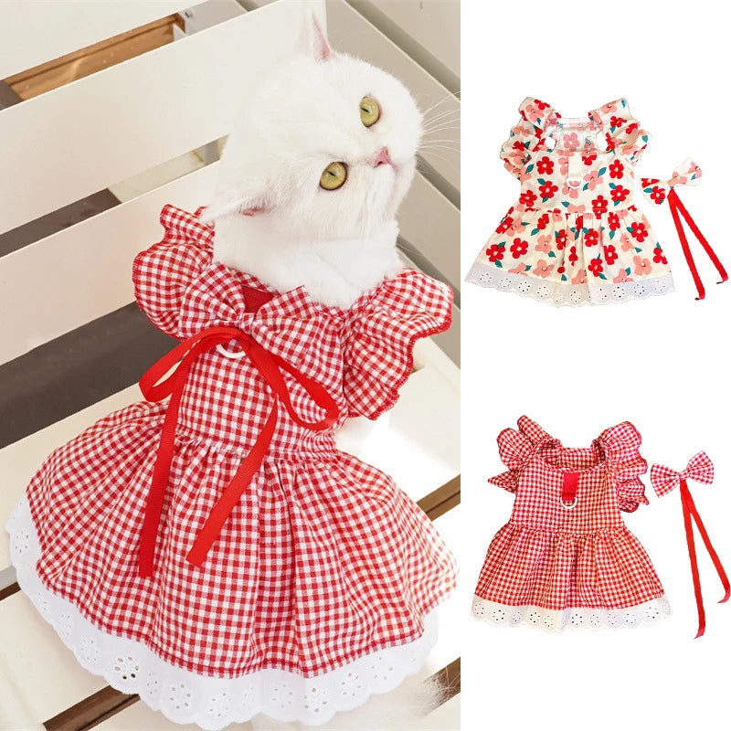 Summer Pet Dress Floral Pattern Plaid Skirts