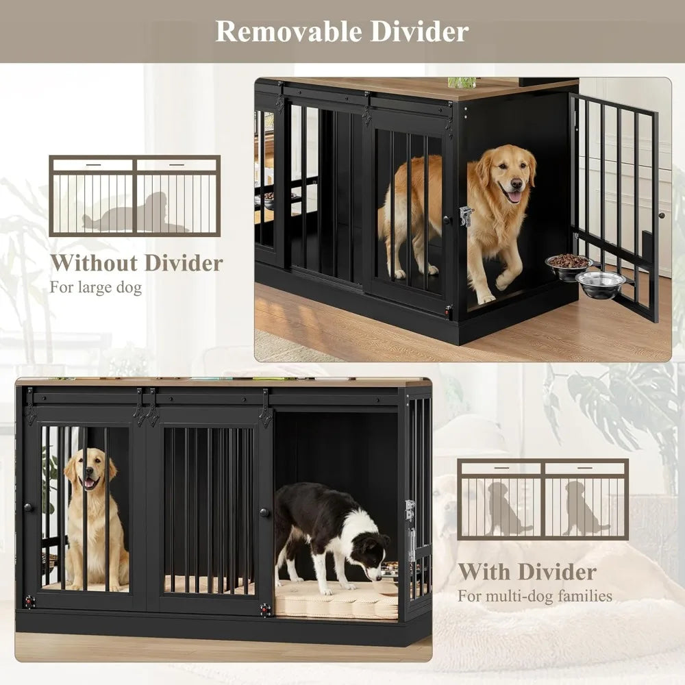 Extra Large Double Dog Crate with Storage Hutch and Feeding Bowls,