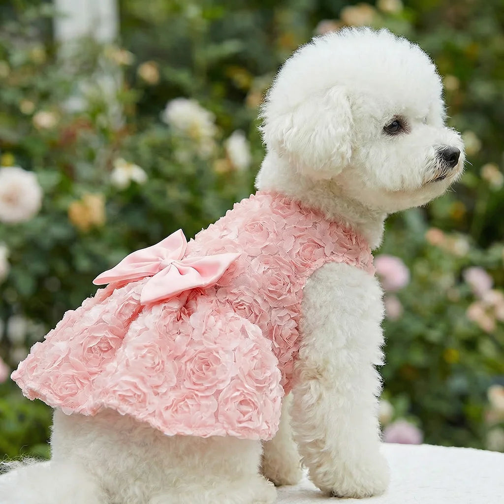 Princess Dress Embroidered Flower Pet Pink Bowknot Princess