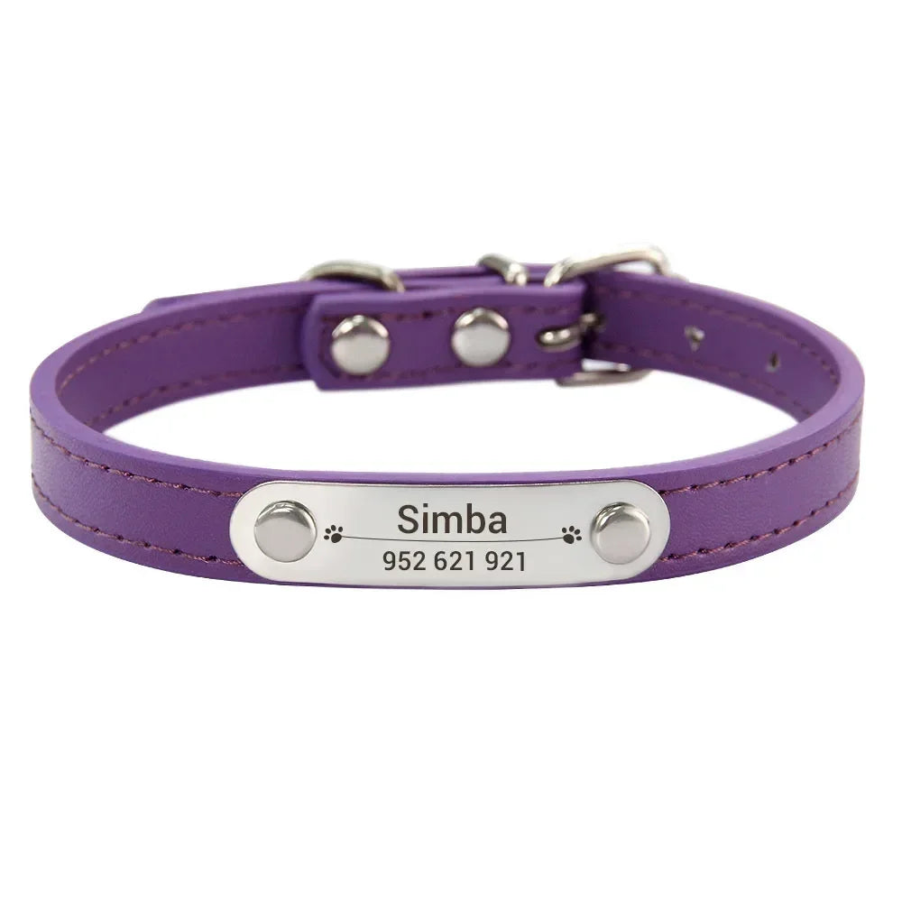 Personalized Dog Collar Name Carved 16 Colors Solid PU Leather Collar