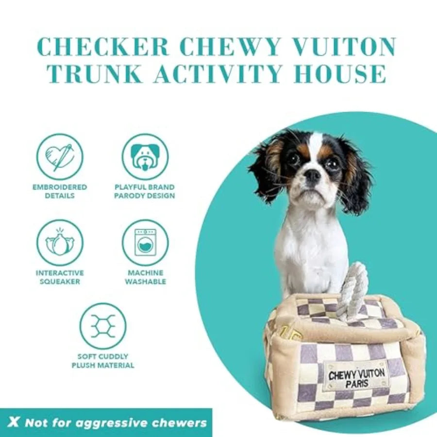 Checker Chewy Vuiton Trunk Activity House Plush Designer Dog Toys