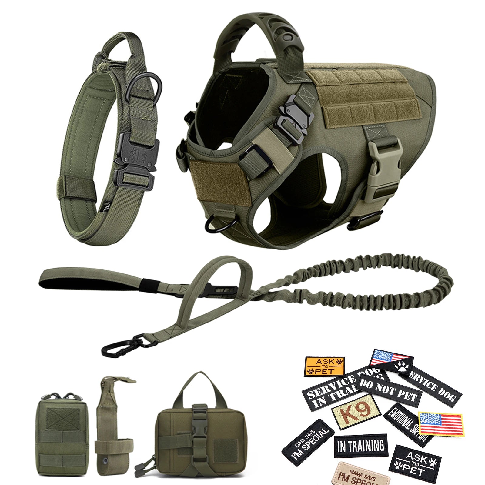 Military Large Dog Harness Collar Leash Bags Patches Set