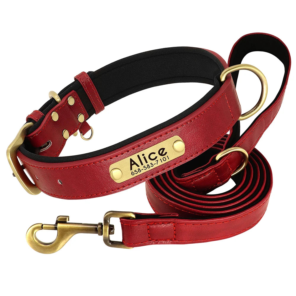Leather Dog Collar Leash And Collar With Free Engraved Nameplate