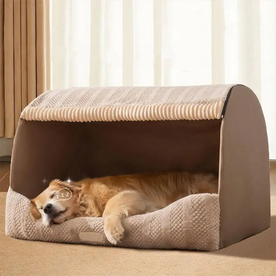 Dog House Indoor, Foldable Pet House Bed with Removable Plush Cushion,