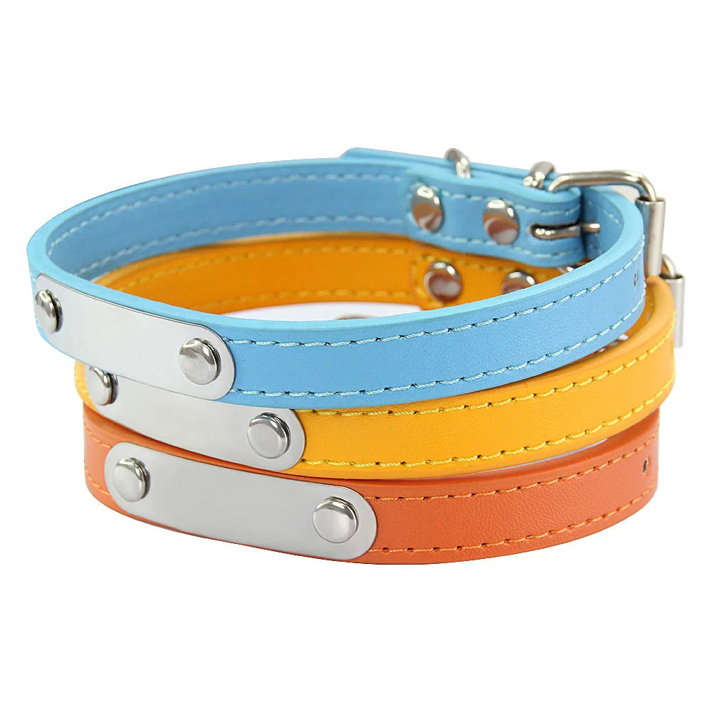 Personalized Dog Collar Name Carved 16 Colors Solid PU Leather Collar