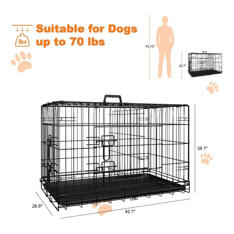 42 Inch Dog Crate for Large Dogs with Divider and Leak-Proof Pan Tray Double Door Folding Metal Cage Indoor Outdoor Travel