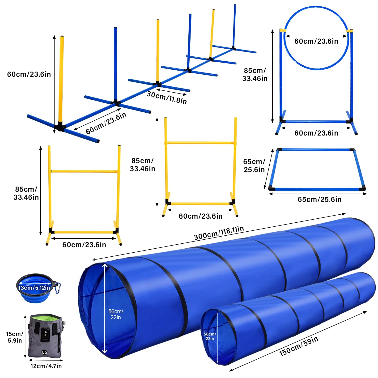 Dog Agility Course Set Dog Training Kit with 2 Tunnels.
