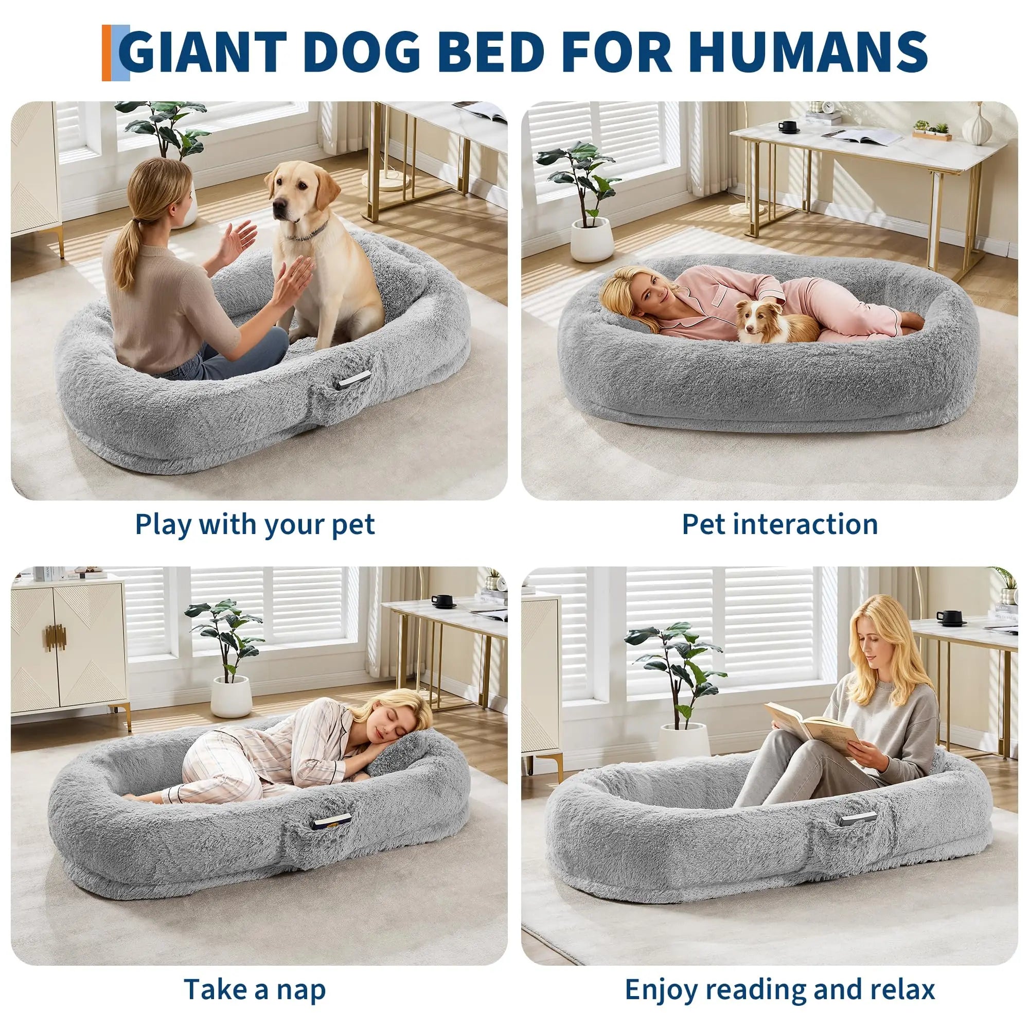 Oversized Human Dog Bed Orthopedic Faux Fur Pet Bed With Pillow