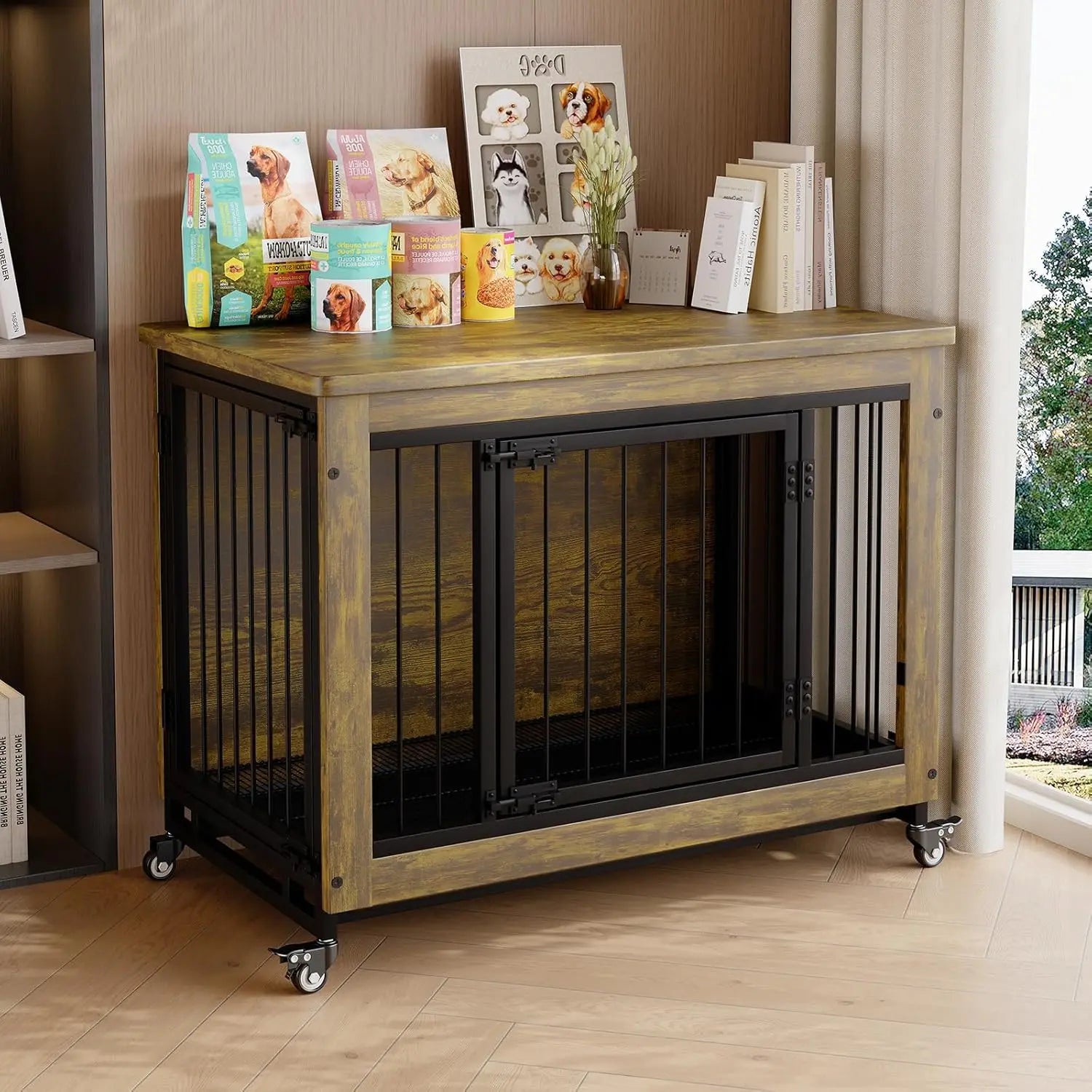 Wooden Dog Crate Furniture with 3 Doors & Wheels Heavy Duty