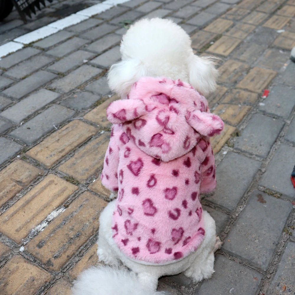 Winter Pet Dog Clothes Warm Fleece Dog Hoodie Leopard Dog Coat