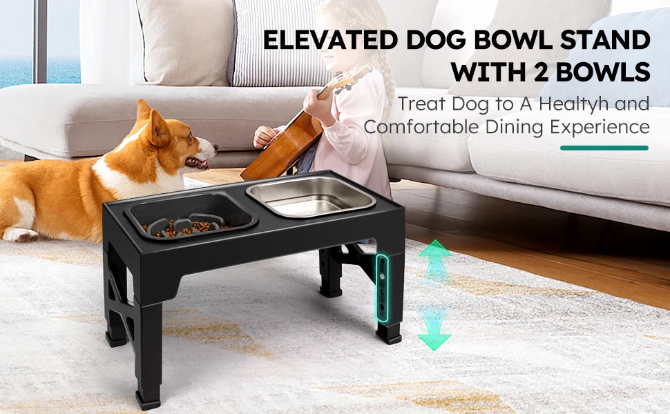 2-in-1 Elevated Slow Feeder Dog Bowls, Non-Slip Stainless Steel
