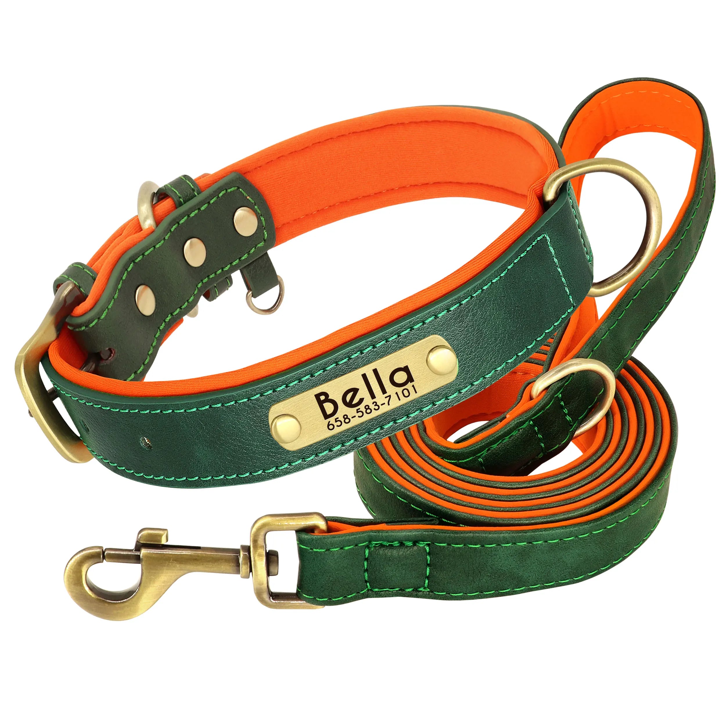 Leather Dog Collar Leash And Collar With Free Engraved Nameplate