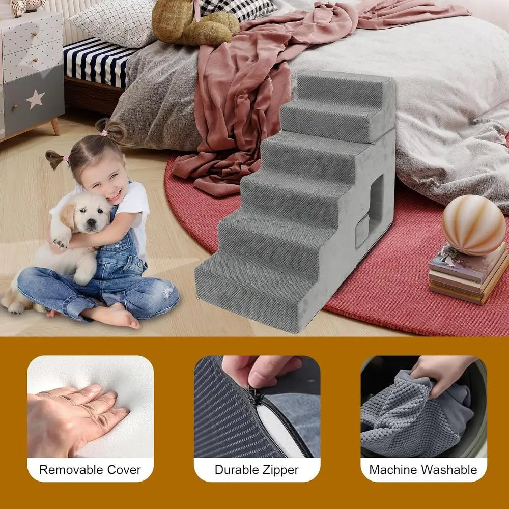 Pet Steps for Small Dogs: 6-Step Foam Stairs with Non-Slip Cover for High Beds