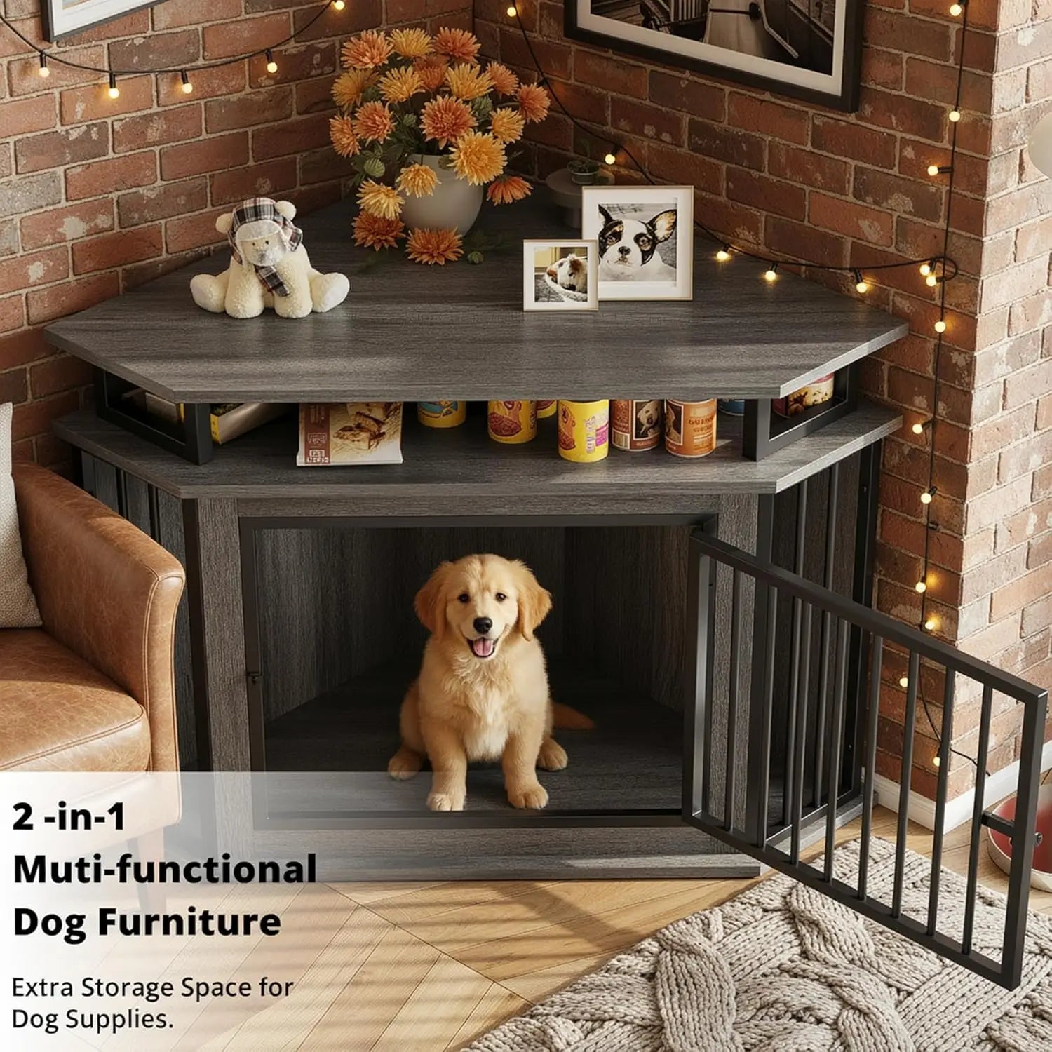 44" Corner Dog Crate with 2-Tier Shelves, Wooden Kennel Furniture for TV Stand,