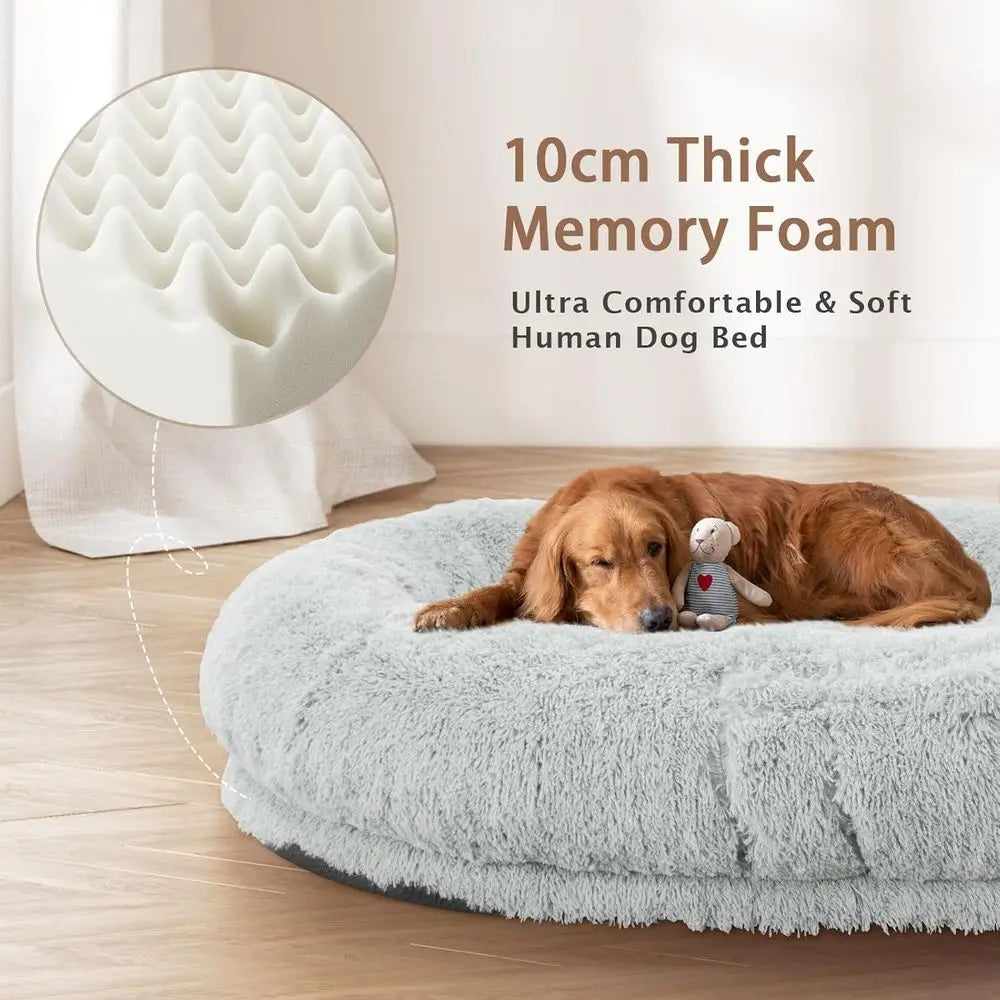 Oversized 71x45x12 Grey Memory Foam Dog Bed with Pillow, Blanket & Strap