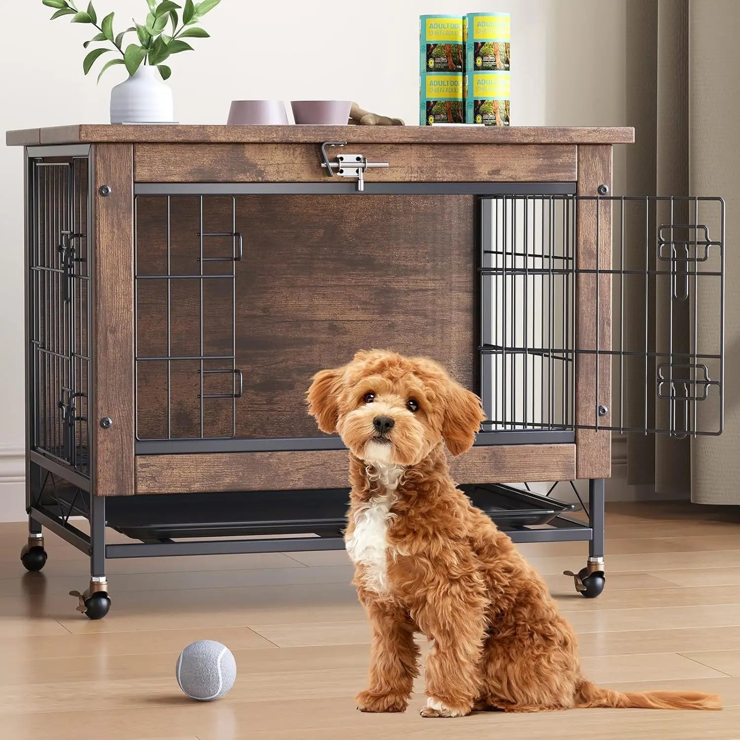 Rustic Dog Crate Furniture with Wheels  Heavy Duty Metal and Wood Dog Kennel