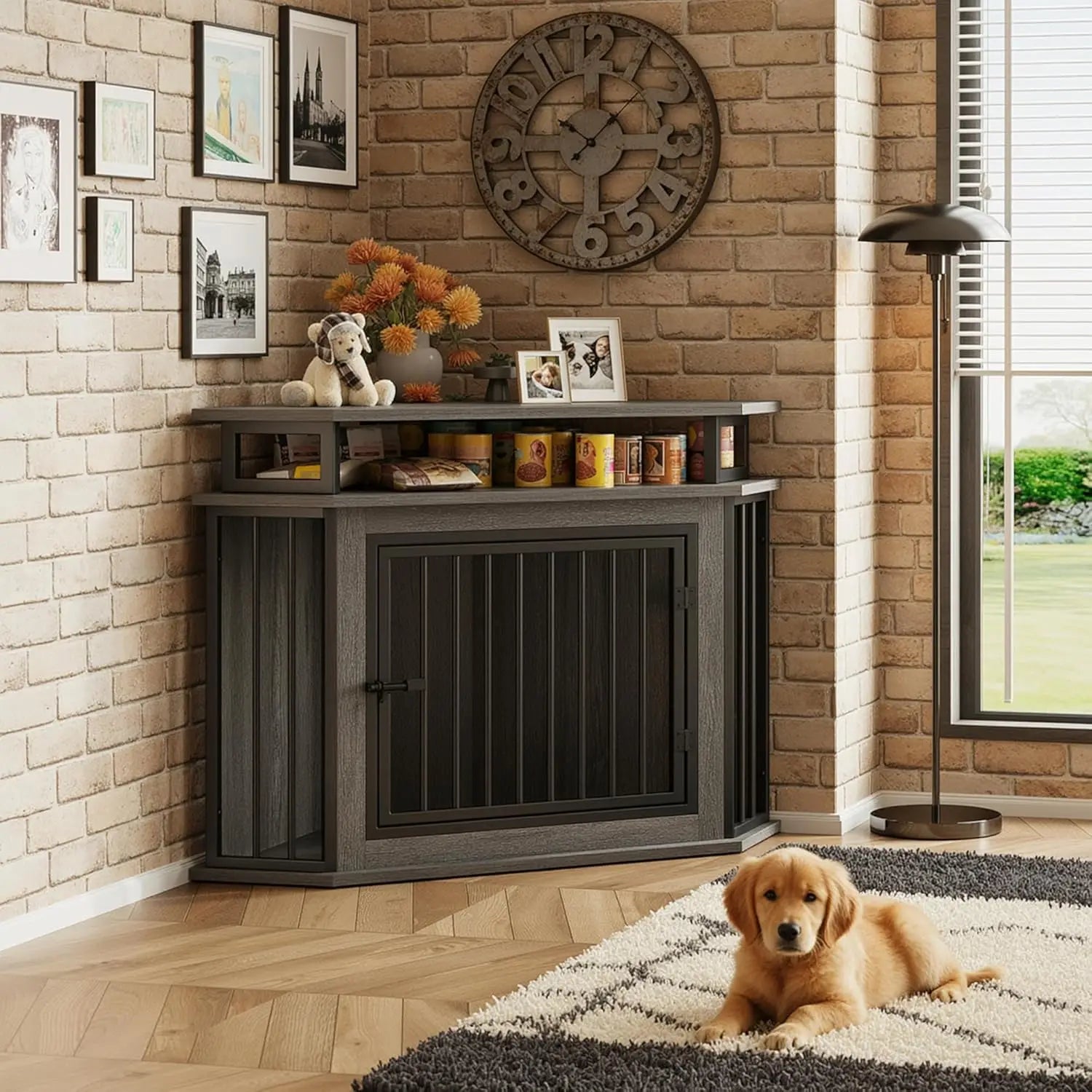 44" Corner Dog Crate with 2-Tier Shelves, Wooden Kennel Furniture for TV Stand,