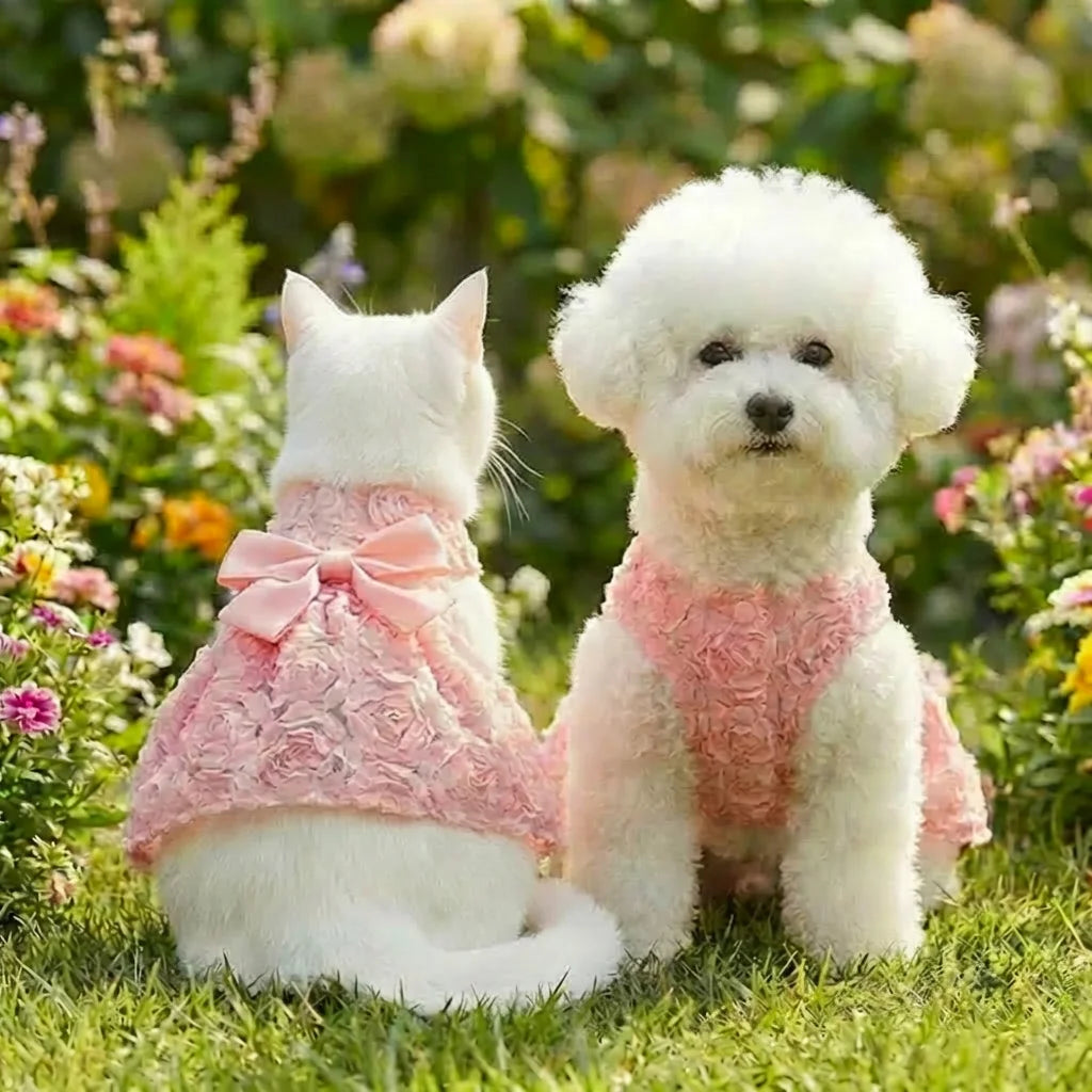 Princess Dress Embroidered Flower Pet Pink Bowknot Princess