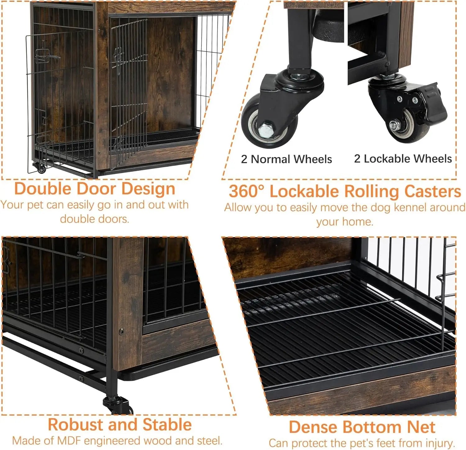 Rustic Dog Crate Furniture with Wheels  Heavy Duty Metal and Wood Dog Kennel