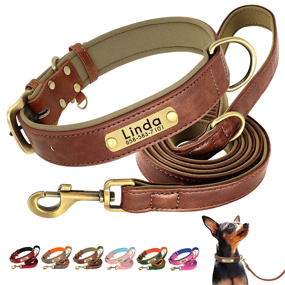 Leather Dog Collar Leash And Collar With Free Engraved Nameplate