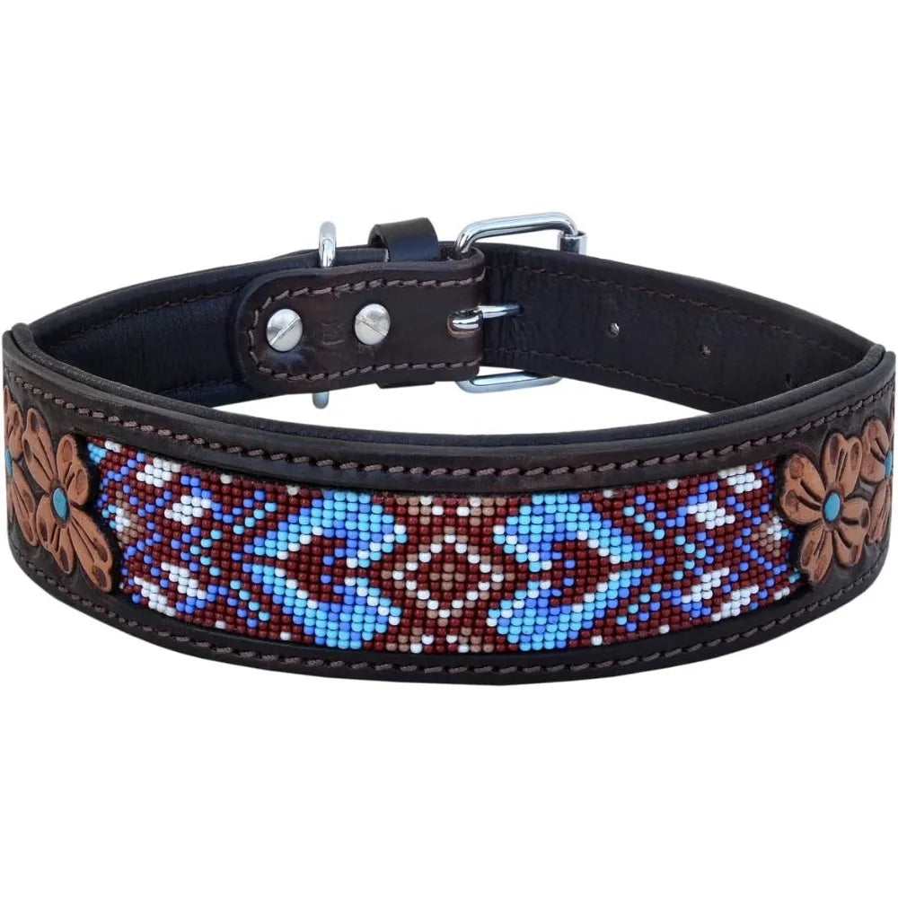 Heavy-Duty Adjustable Leather Dog Collar - Large Size Western Style,