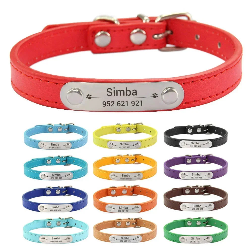 Personalized Dog Collar Name Carved 16 Colors Solid PU Leather Collar