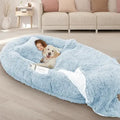 Oversized 71x45x12 Grey Memory Foam Dog Bed with Pillow, Blanket & Strap