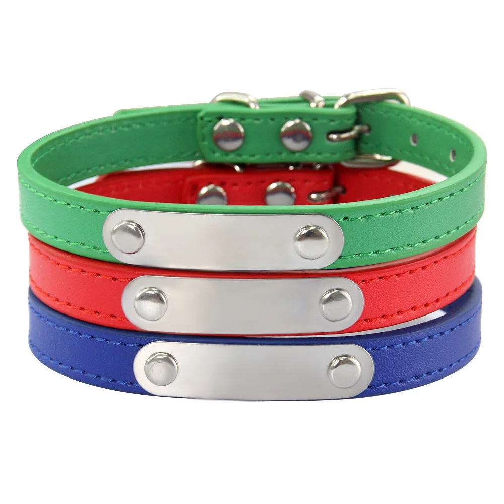 Personalized Dog Collar Name Carved 16 Colors Solid PU Leather Collar