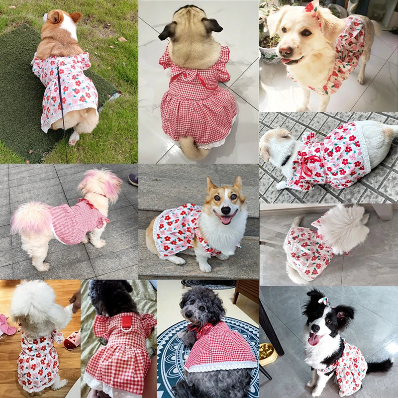 Summer Pet Dress Floral Pattern Plaid Skirts